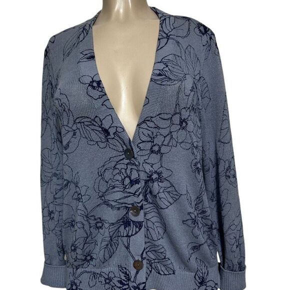 Chico's Cardigan Sweater Women's Size 1/M Blue Button Front Floral Linen Blend - Picture 3 of 14